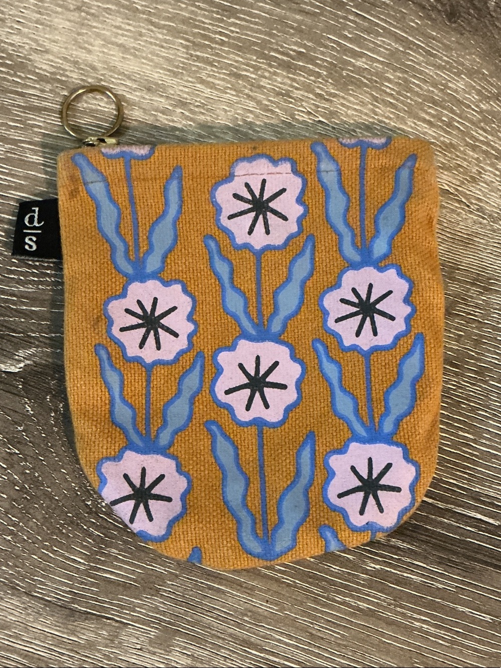 Danica Studio Floral Coin Pouch Wallet in Mustard with Lavender Flowers 4.5x5